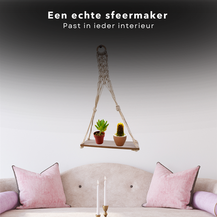 Cheqo® Luxe Plantenhanger - Wanddecoratie - Wandhanger - MDF Plank - Lichte Houtskleur - Wit Touw - 30x10,5x59,5cm Plantenhanger