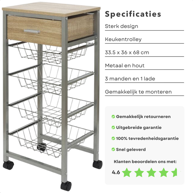 Cheqo® Keukentrolley op Wieltjes - Trolley - Rolwagen - 4 Uitneembare Manden - 1 Lade - 33,5 x 36 x 68 cm - Metaal & Hout - Serveerwagen - Eenvoudig te Monteren - Ook Geschikt voor andere Kamers Keukentrolley