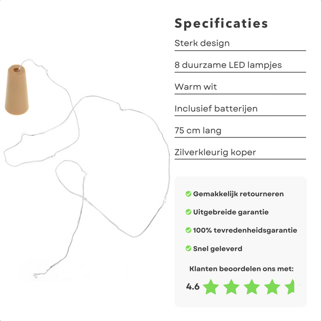 Cheqo® Kurk met 8 LED Lampjes - Flesverlichting - Maak van Je lege Wijnfles een Sfeervol Woonaccessoire - 75cm Koperlichtstreng - 8 Warm-Wit LED-Lampjes - Aan-Uit Schakelaar - Met Batterijen Lichtsnoer