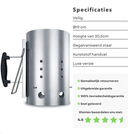 Cheqo® Luxe Brikettenstarter - BBQ Snelstarter - Houtskoolstarter - Hitteschild - Ø19cm - Hoogte 30.5cm Brikettenstarter