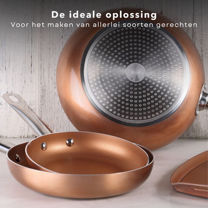 Cheqo® Koekenpannenset - Koekenpan Set - 20, 24 en 28cm - Pannenset - Bakpannen - Voor Alle Warmtebronnen - Ook voor Inductie - 3 delig Koekenpan