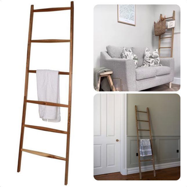 Cheqo® Handdoekrek - Staand - Trap - Ladder - Handdoekrek Badkamer - Handdoekhouder - Handdoekstang van Acacia Hout - 170cm Hoog x 55cm Breed - Badkamer Accessoire - Gemaakt van duurzaam hout Handdoekhouder