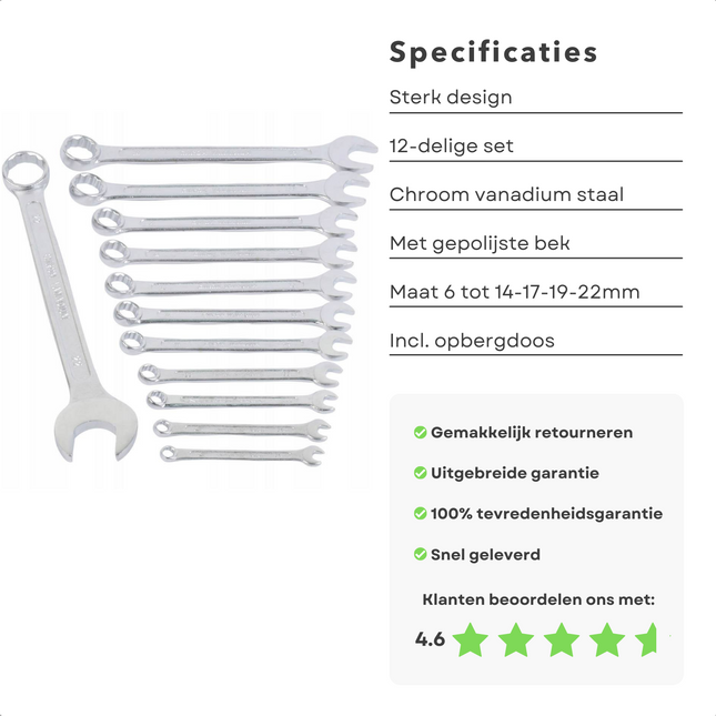 Cheqo® Steek-ringsleutelset - Ringsleutel Set - Ringsteek Sleutel - Steek Set - 12 delig - Volgens DIN-normen - Uitstekende Kwaliteit - Chroom Vanadium Staal - 6-14-17-19-22mm Ringsteeksleutelset