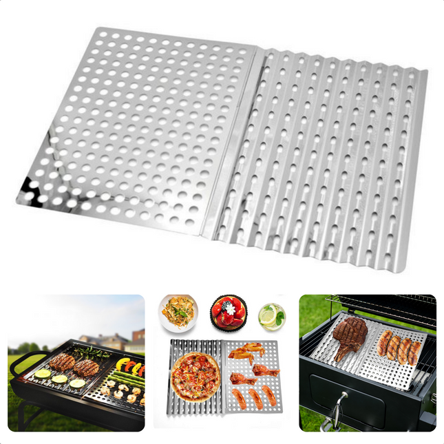 Cheqo® 2 Stuks Barbecue RVS Grillplaten - Grillrooster - Hapjesrooster 30x23cm - Vetdruipende Gleufjes - Ideaal voor Vlees, Groenten, Vis - Bakplaat voor BBQ - Barbecue Grillplaat Bakplaat voor BBQ