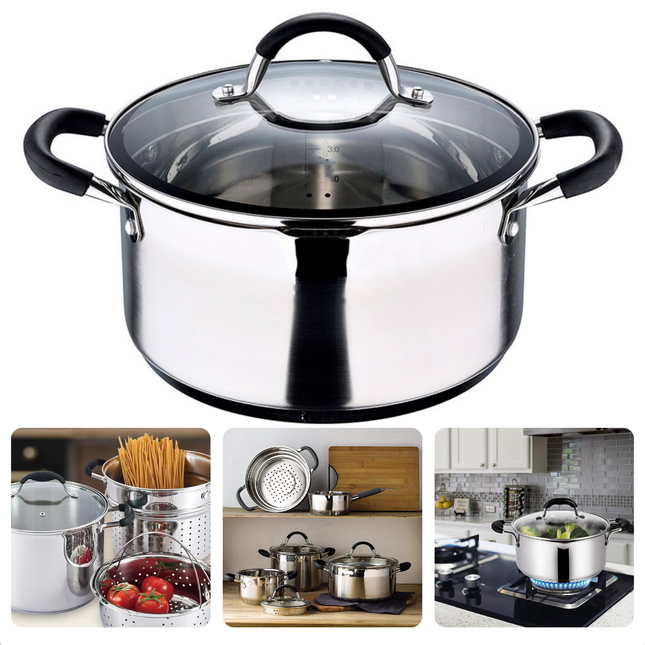 Cheqo® Kookpan voor Inductie - RVS - Ø24 - 5L - Met Deksel - Inclusief Schenktuit - Siliconen Handvatten - Maataanduiding - Geschikt voor Alle Warmtebronnen - 2.15 kg Kookpan