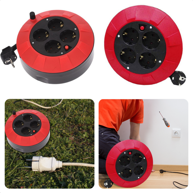 Cheqo® Kabelbox - Haspel - Kabelhaspel - Verlengsnoer - 5m - 4 Geaarde Stopcontacten - Kinderbeveiliging - 3x1.5mm2 - 230V - IP20 - 3000W Afgewikkeld - 1000W Opgewikkeld - CE & GS-TUV Goedgekeurd Kabelhaspels