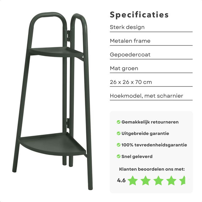 Cheqo® Metalen Plantenrek 70cm - Plantenstandaard - Plantentrap Hoekmodel - Bloemenrek - Mat Groen - 26x26cm - Hoogte 70cm - Hoekmodel - Scharnier - Gepoedercoat Frame Plantenrek