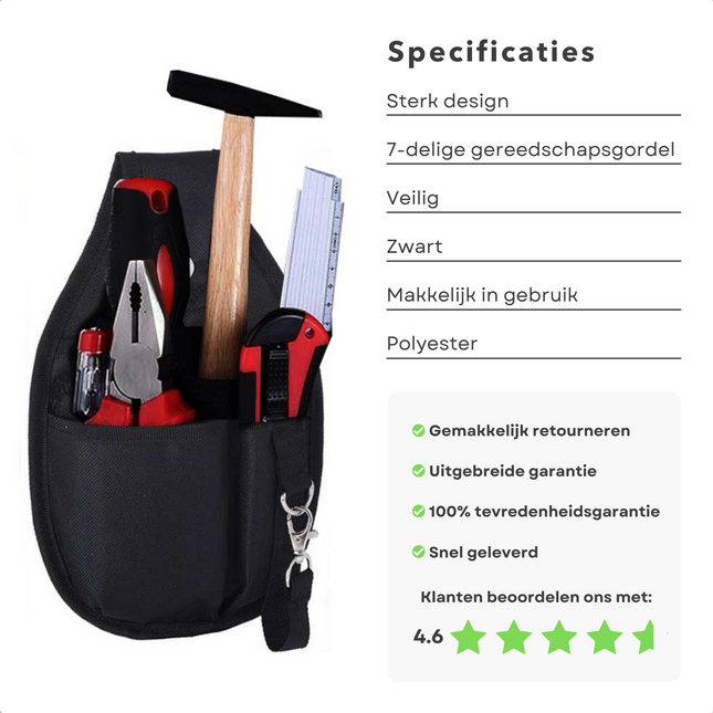 Cheqo® Gereedschapsgordel - 7 delig - Handige Houder voor Broeksriem - Bankhamer, Combinatietang, Schroevendraaier, Duimstok, Afbreekmes, Spanningszoeker Gereedschapsgordels