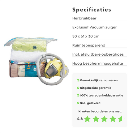 Cheqo® Vacuümzak met Opberghoes - Vacuümzakken voor Kleding of Beddengoed - Herbruikbaar & Milieuvriendelijk - Kleding Opbergen - 50x61x30cm - Inclusief Hoes Vacuumzakken