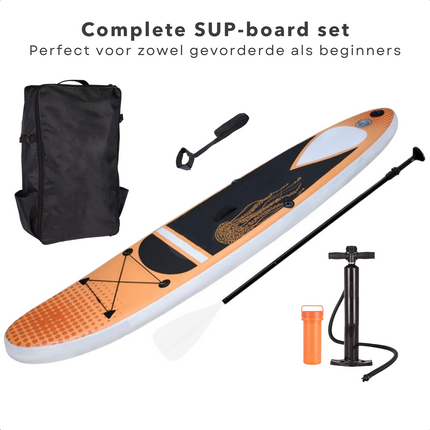 Cheqo® Complete SUP-Set - Opblaasbaar SUP Board - Stand Up Paddle Board - 305x71x15cm - 150kg - Ideaal voor Beginnende & Gevorderde Peddelsurfers - EVA Anti-Slip - Verstelbare Peddel - Met Rugtas - Handpomp - Leash - Reparatiekit SUP Board