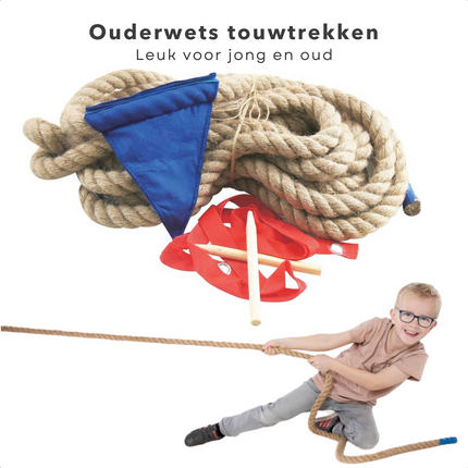 Cheqo® Touwtrekspel - 10m - Ouderwets Touwtrekken - 1 tegen 1 of 2 Ploegen - 2cm Diameter - Vlaggetje in het Midden Touwtrekken
