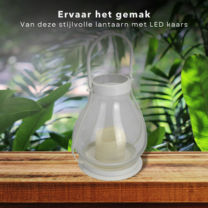 Cheqo® Lantaarn met LED-kaars - Tafel Lantaarn - Tafellamp - Glazen lantaarn met metalen frame - Aan/Uit schakelaar - 22/34cm hoog - 18cm diameter glas - Op Batterijen Lantaarn
