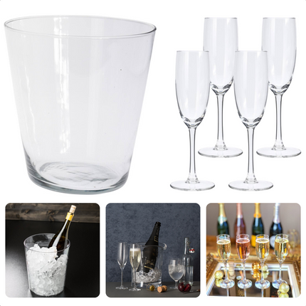 Cheqo® 5-delige Champagneset - 4 Champagneglazen (18cl) & Champagnekoeler (ø20xh21,5cm) - Champagneglas Set - Wijnkoeler - IJsemmer Champagneglazen