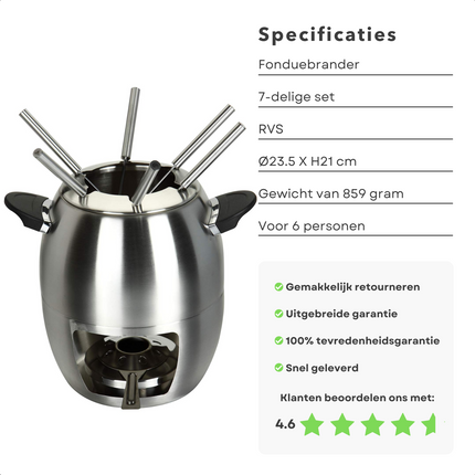 Cheqo® Fondueset - Fonduepan - 6 personen - RVS - ø23.5xh21cm - Spatdeksel - Met Fonduevorken en Fonduebrander - 859g Fondueset