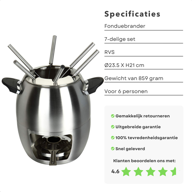 Cheqo® Fondueset - Fonduepan - 6 personen - RVS - ø23.5xh21cm - Spatdeksel - Met Fonduevorken en Fonduebrander - 859g Fondueset