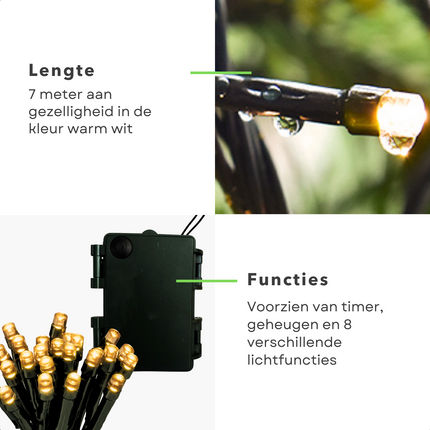 Cheqo® LED-Verlichting - 96 LED's - Warm Wit - 7m - Feestverlichting - Kerstverlichting - Tuinverlichting - Buitenverlichting - Gekleurde Kerstverlichting - Voor Binnen en Buiten - 8 Lichtfuncties - Timer - Op Batterijen - Geheugenfunctie Kerstboomverlichting
