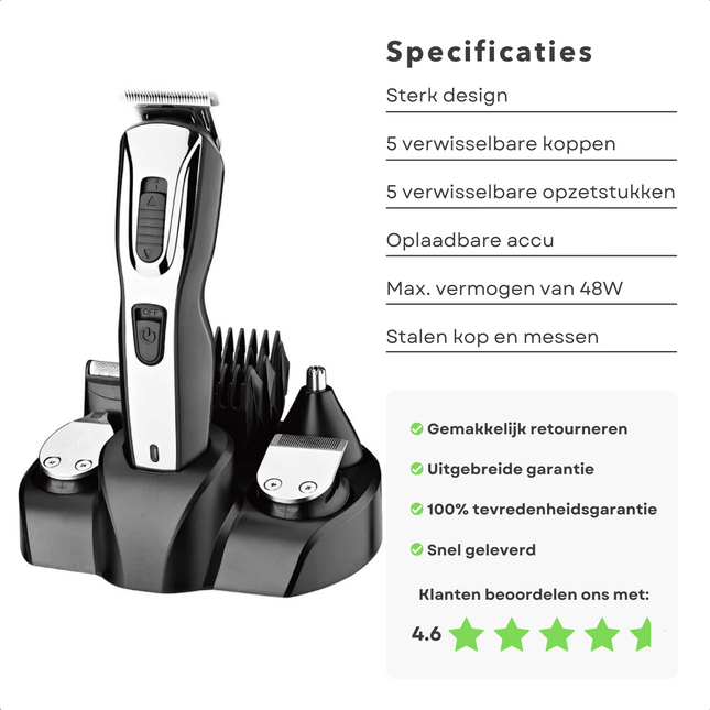 Cheqo® 5-in-1 Trimmer - Baardtrimmer - Trimmer - 5 Verwisselbare Koppen - 5 Opzetstukken - Oplaadbaar - Stalen Kop & Messen - 48W Max. Vermogen Baardtrimmer