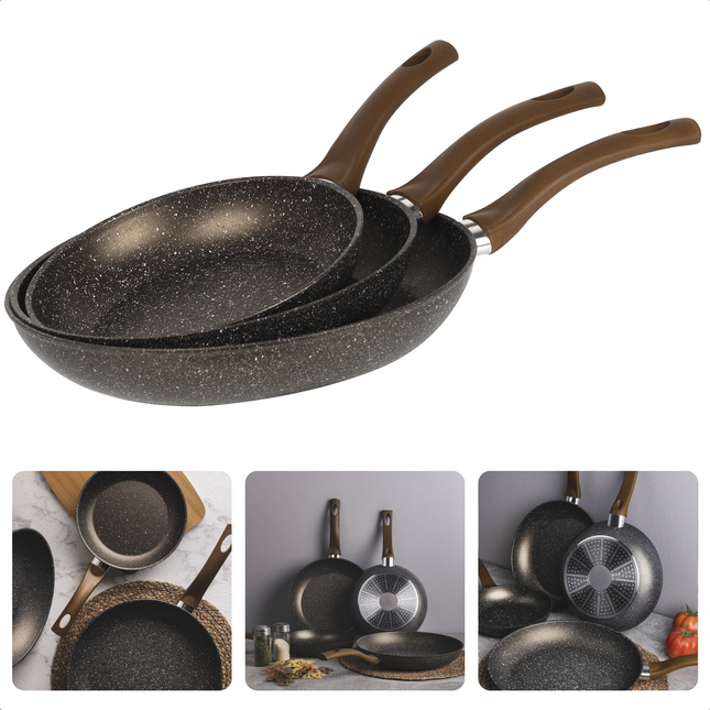 Cheqo® Luxe Koekenpan Set - Koekenpannenset Inductie - Ø20cm, Ø24cm, ø28cm - 100% Gerecycled Aluminium - RVS Bodem - PFOA-Vrij - Geen Lood, Geen Cadmium - Gas, Inductie, Elektrisch, Keramisch, Halogeen - Ook voor Inductie - Made in Italy Koekenpan