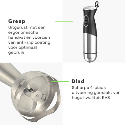 Cheqo® Staafmixer 800W RVS - Krachtige, Stille Motor - Variabel Toerental - RVS Messen - Eenvoudig Schoon te Maken - Ophangoog - 100cm Snoer - 230V-50Hz Staafmixer