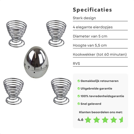 Cheqo® Kookwekker met Eierdopjes - 4 Eierdopjes - Eierdoppen - 60 Minuten - 5cm Diameter - 5,5cm Hoogte Eierdopjes