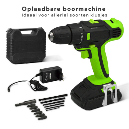 Cheqo® Accuboormachine - 14.4V - Schroefboormachine - Schroefmachine - Li-ion 2000mAh - 0-400/1500 tpm - 10mm Boorkop - 17+1 Slipkoppeling - 1 uur Oplaadtijd - 6 Bits & Bithouder - Verpakt in Kunststof Koffer Accuboormachines