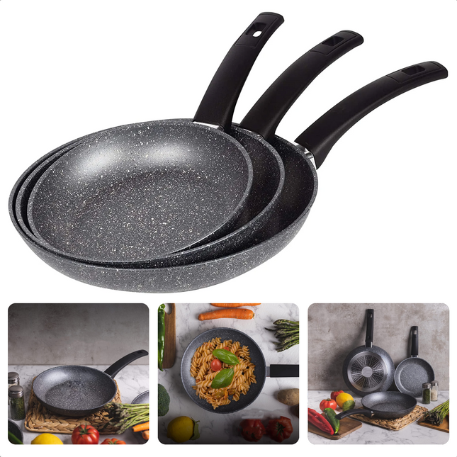 Cheqo® Koekenpannenset - Koekenpan Set - Pannenset - 3 stuks - Ø20, 24, 28cm - 100% Gerecycled Aluminium - RVS Bodem - PFOA-Vrij - Geen Lood, Geen Cadmium - Gas, Inductie, Elektrisch, Keramisch, Halogeen Koekenpan