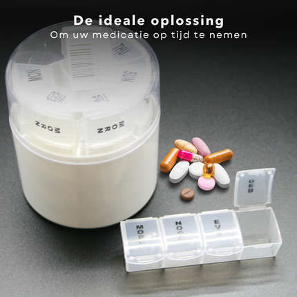 Cheqo® Pillendoos 7-daags - Doos met Medicijnen - Pillen Planner - Medicijndoos - 1-weekse Pillendoos - 7 Verwijderbare Compartimenten - 4 Vakken per Compartiment - Morgen - Middag - Avond - Nacht - Ø8.5cm - Hoogte 9.5cm. Pillendoos