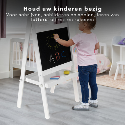 Cheqo® Tekenbord - Krijtbord - Schoolbord - Hout - Wit - Met Wisser en Krijtjes Tekenborden