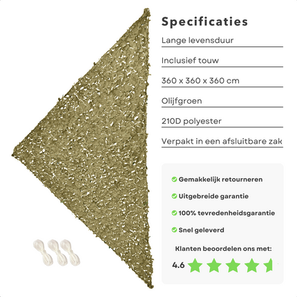Cheqo® Schaduwdoek Camouflage - Camouflagenet - Camouflage Net - Buitennet - Driehoek 360x360x360cm - Olijfgroen - 210D Polyester - 3x 3.50m Touw - Met Afsluitbare Draagzak Schaduwdoek