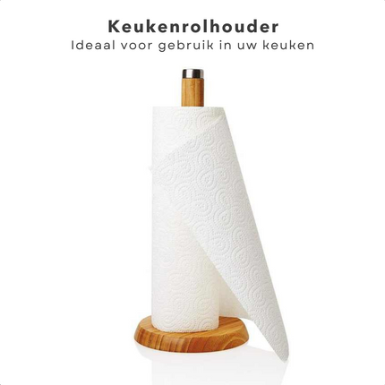 Cheqo® Handige Keukenrolhouder - Keukenpapier Houder - Rollenhouder - Milieuvriendelijk Bamboe - 14cm Diameter Basis - 32.5cm Hoogte Keukenrolhouder