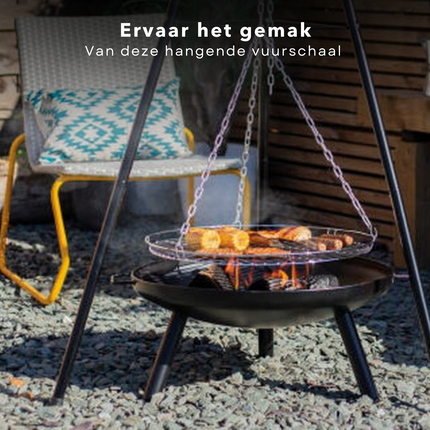Cheqo® Vuurschaal Hangend met Grilrooster - Driepoot Model - Staal - 52cm Diameter - Grillplaat - 151cm Hoogte - Met Ketting & Grillplaat Vuurschaal
