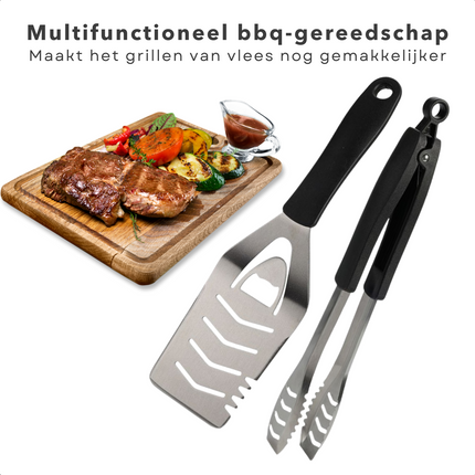Cheqo® - Barbecue Gereedschap - 2 delig - RVS - Spatel - Tang - Flesopener - 450 g - BBQ Gereedschap - Barbecue Accessoires - Vleestang Barbecuegerei-sets