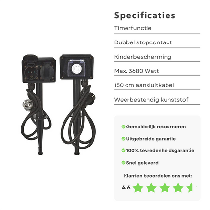 Cheqo® Randaarde Tuinstekkerdoos - Tuin Stekkerdoos met Grondspies - Tuincontactdoos 2-Voudig met Timer - 24-uurs Timer - Dubbel Stopcontact - Weerbestendig - Randaarde - Kinderbeveiliging - IP44 - 3680 Watt - 250V - 2 Stopcontacten Stekkerdoos