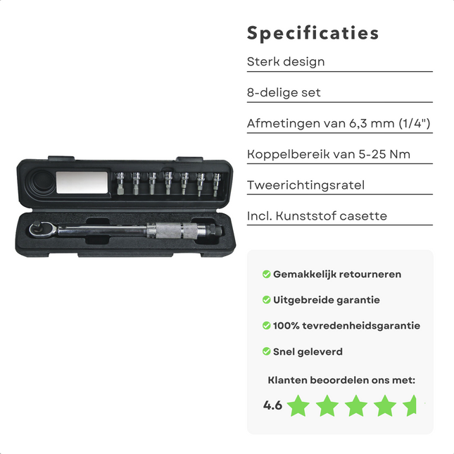 Cheqo® Momentsleutel Set - 1/4 - 5-25 Nm - Omschakelbaar - Inbus 3-4-5-6mm - Torx T20-T25-T30 - Verpakt in Kunststof Koffer Momentsleutel