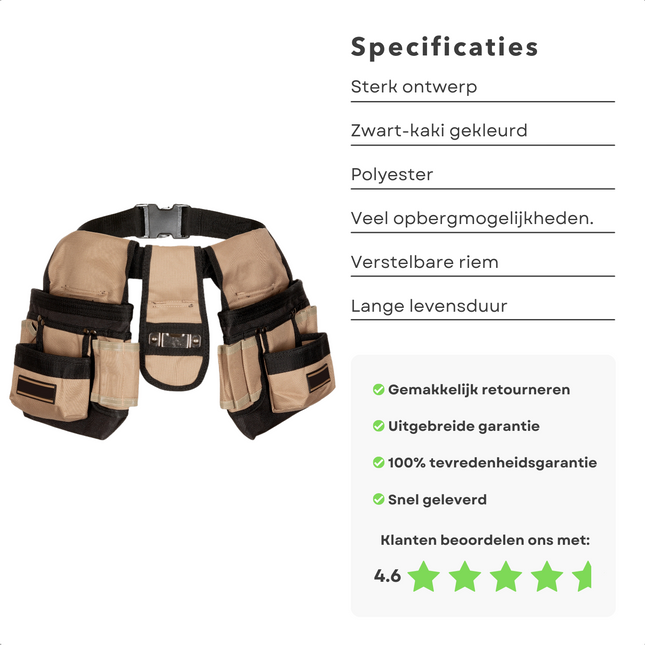 Cheqo® Gereedschapgordel - 2 Tassen - Hoogwaardig Polyester - Veel Opbergmogelijkheden - Verstelbare Band - 110cm x 25cm Gereedschapsgordels