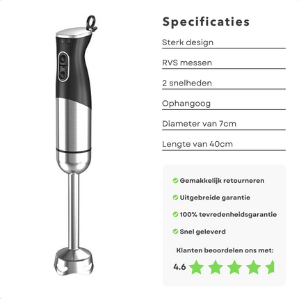 Cheqo® Staafmixer 800W RVS - Krachtige, Stille Motor - Variabel Toerental - RVS Messen - Eenvoudig Schoon te Maken - Ophangoog - 100cm Snoer - 230V-50Hz Staafmixer