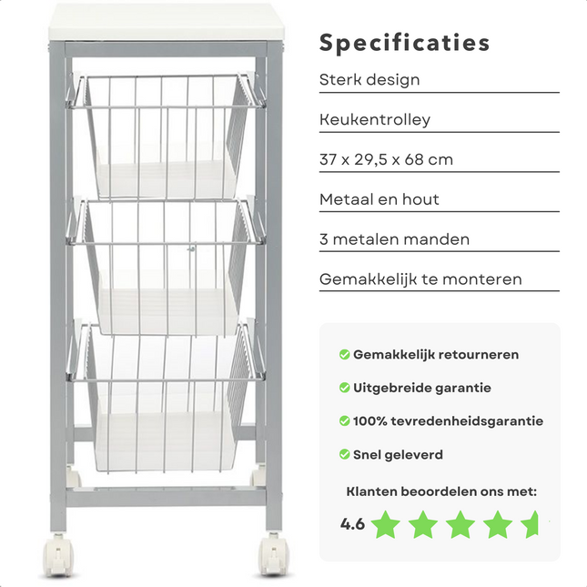 Cheqo® Keukentrolley op Wieltjes - Rolkast - Trolley - 3 Lades - 37x29,5x68cm - Metaal & Hout - 4 Zwenkwielen - Serveerwagen - Makkelijk Te Monteren - Wit Keukentrolley