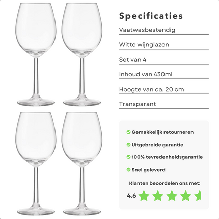 Cheqo® 4 Witte Wijnglazen - Witte Wijn Glas - Wijnglas Set  - 430ml (43cl) - Vaatwasbestendig - 20cm Hoog - Transparant Witte Wijnglazen