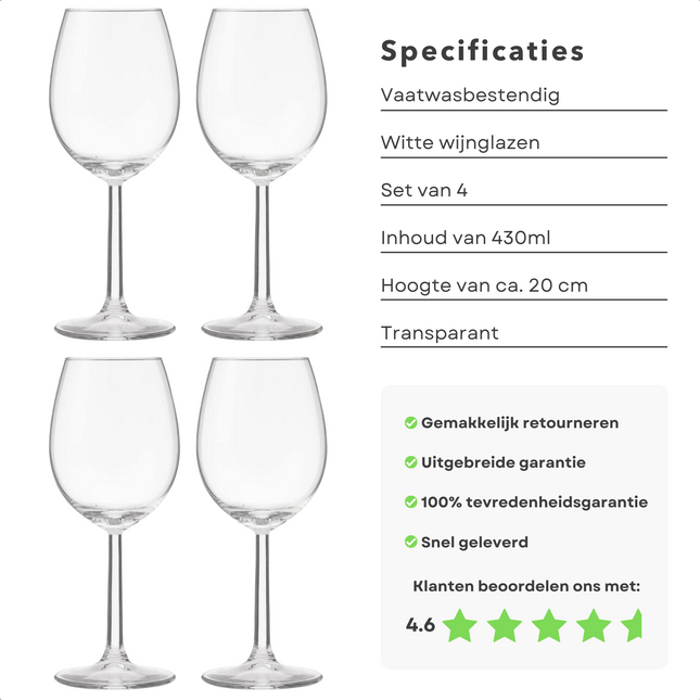 Cheqo® 4 Witte Wijnglazen - Witte Wijn Glas - Wijnglas Set  - 430ml (43cl) - Vaatwasbestendig - 20cm Hoog - Transparant Witte Wijnglazen