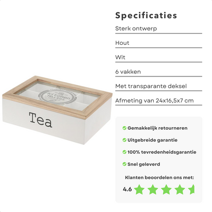 Cheqo® Houten Theekist met 6 Vakken - Theedoos - Wit - 24x16,5x7cm - Beukenhout - Stevige MDF Bodem - Geschikt voor Theezakjes Theekist