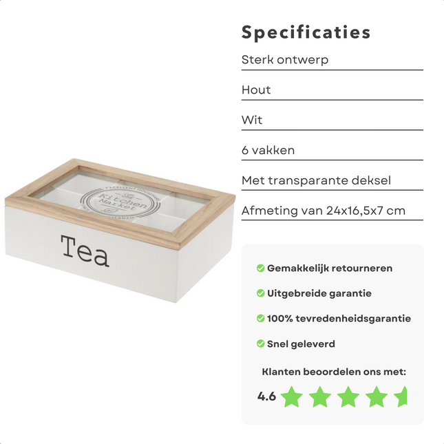 Cheqo® Houten Theekist met 6 Vakken - Theedoos - Wit - 24x16,5x7cm - Beukenhout - Stevige MDF Bodem - Geschikt voor Theezakjes Theekist