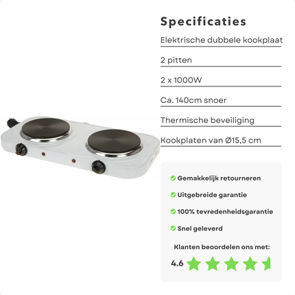 Cheqo® Dubbele Kookplaat - 2x1000W - Elektrische Kookplaat - Warmhoudplaat - 5 Verwarmingsstanden - Controlelampje - Thermische Beveiliging - 140cm Snoer - 230V Kookplaat