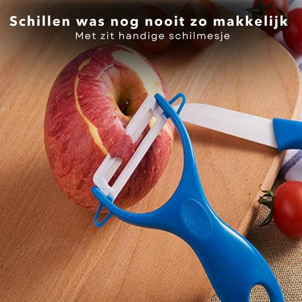 Cheqo® Keramische Schilmessen Set - Schilmes & Dunschiller - Keukenmesjes - Aardappelschiller - Blauw - Scherp Snijblad Dunschillers
