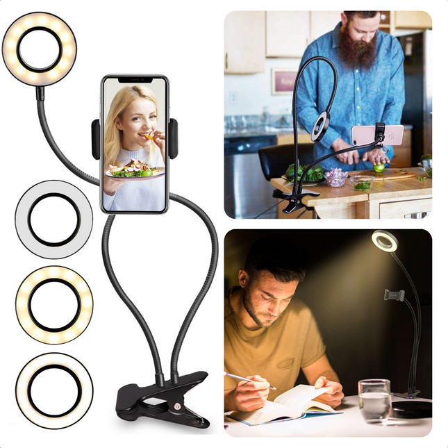 Cheqo® Selfie LED Light - Ringlamp met Telefoonhouder - Make-Up Lamp - TikTok Lamp - Ringlicht met 3 Kleuren - 10 Standen - Telefoonhouder - Tafelklem & 360° Draaibaar - USB Ringlamp