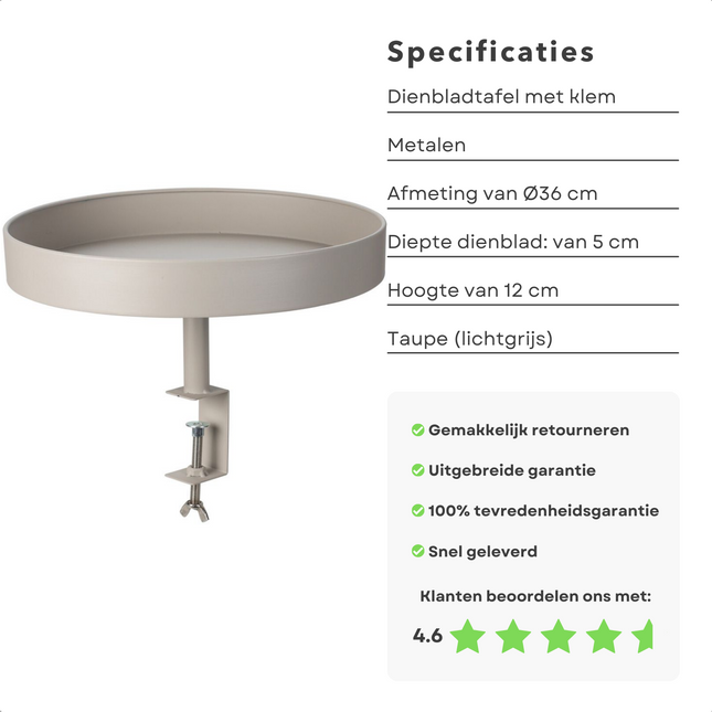 Cheqo® Dienbladtafel met Klem - Bijzettafel - Decoratief Dienblad met Klem - Balkontafel - Metaal - Ø36cm - Geschikt voor Tafels - Taupe (Lichtgrijs) Decoratieve dienbladen