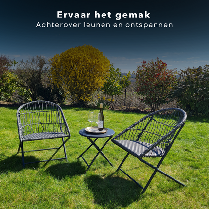 Cheqo® 3-Delige Tuinset met Bijzettafel - Metaal - Bistroset - Vouwbaar - Inklapbaar - Balkon - Tuin - 2-Persoons - Comfortabel - Lichtgewicht - Compact - Zwart - 15 kg - 62x57x78 cm - ø48x44 cm - 110 kg Draagkracht Tuinsets