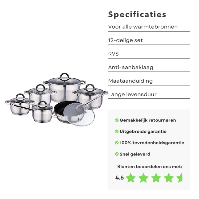 Cheqo® RVS Pannenset - Kookpannen Set - Steelpan - 1,9L, 2,6L, 3,7L, 6,2L, 3,0L - Anti-aanbaklaag - Geschikt voor alle warmtebronnen - Ook voor Inductie Kookpan