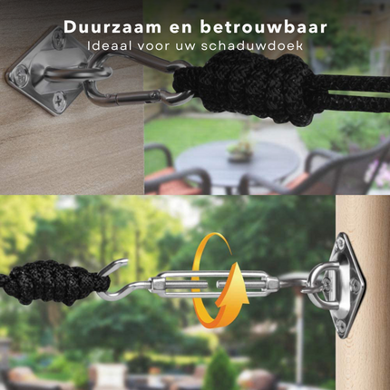Cheqo® Bevestigingsset Zonnezeilen en Schaduwdoeken - 6 Delig - Ophangset voor Schaduwdoek - 2x Karabijnhaken, 2x Spanhaken, 2x Plaat met Oog - Zonneluifel - Zware Uitvoering Schaduwdoek bevestigingsmateriaal