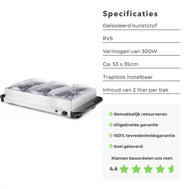 Cheqo® Buffetwarmer - Warmhoudplaat - Voedesel Warmhouden - Voedsel Verwarmer - Warmhoudbakken -  300W - 3 Bakken - 2L - Traploos Instelbaar - Oververhittings-beveiliging - 53x35cm Warmhouders