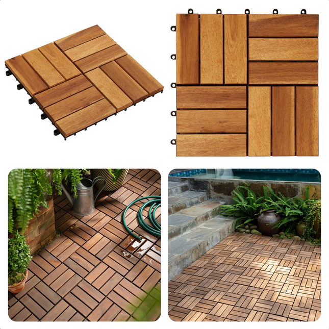 Cheqo® Acacia Houten Terrastegels - Mozaïek - 30x30 cm - 9 stuks - 0.81m2 - Balkon, Terras of Vlonder - Snelle Montage - Vlondertegel - Tuintegels - Terrasplanken - Balkon vloer - Kliktegels - Buiten tegels - Warme Uitstraling Terrastegels